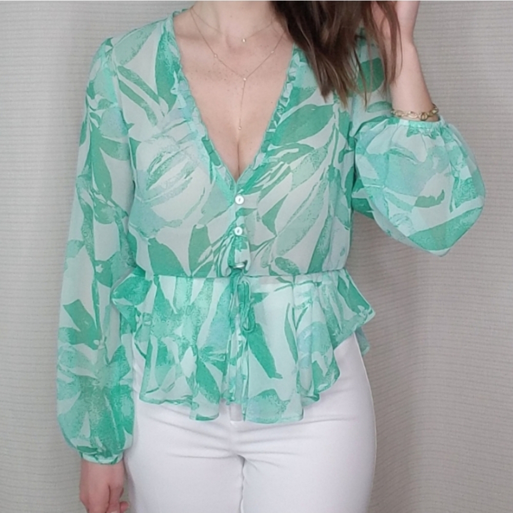 Olivaceous Small Green Floral Print Blouse
